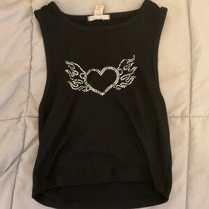 Black Sleeveless Top with Rhinestone Heart Design